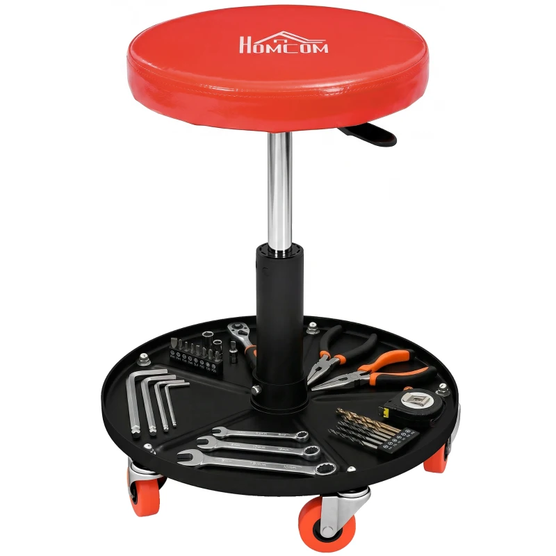 HOMCOM Rolling Mechanical Stool, Pneumatic Adjustable Workshop Stool with Tool Tray, Wheels - Orange