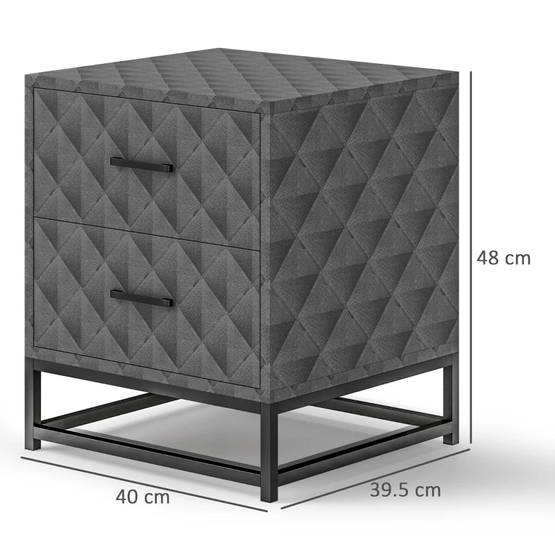 HOMCOM Bedside Tables Set of 2, Modern Bedside Table Nightstand with 2 Drawers, Bedside Cabinet Sofa Side Table with Storage, Steel Legs for Bedroom, Living Room, Grey