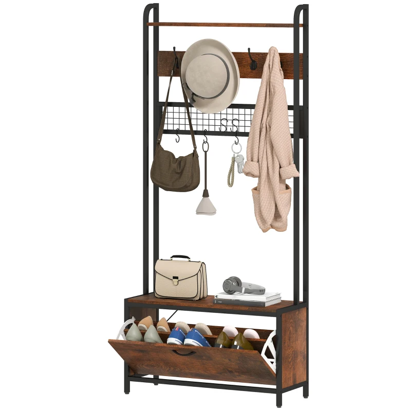 HOMCOM 5-In-1 Industrial-Style Hallway Tree - Brown/Black