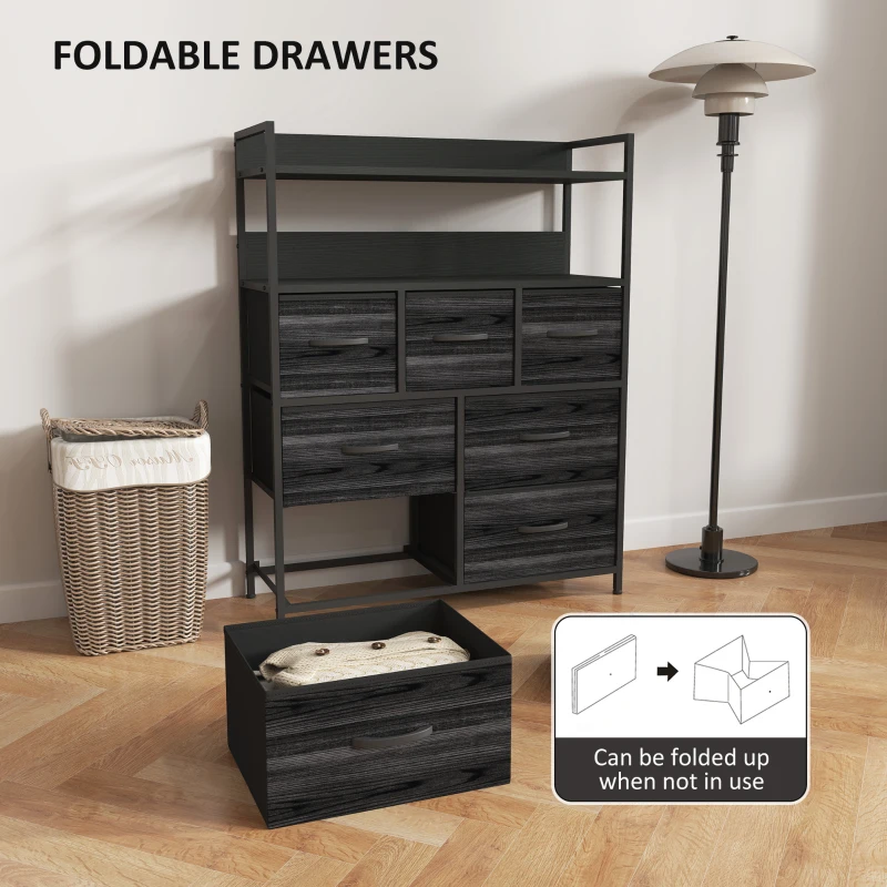 HOMCOM Rustic Chest of Seven Fabric Drawers - Black