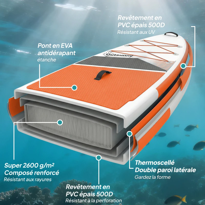 Outsunny Stand Up Paddle Gonflable Planche de SUP Pagaie Réglable Pompe et Sac 160kg pour Débutant et Famille 320x82cm Orange