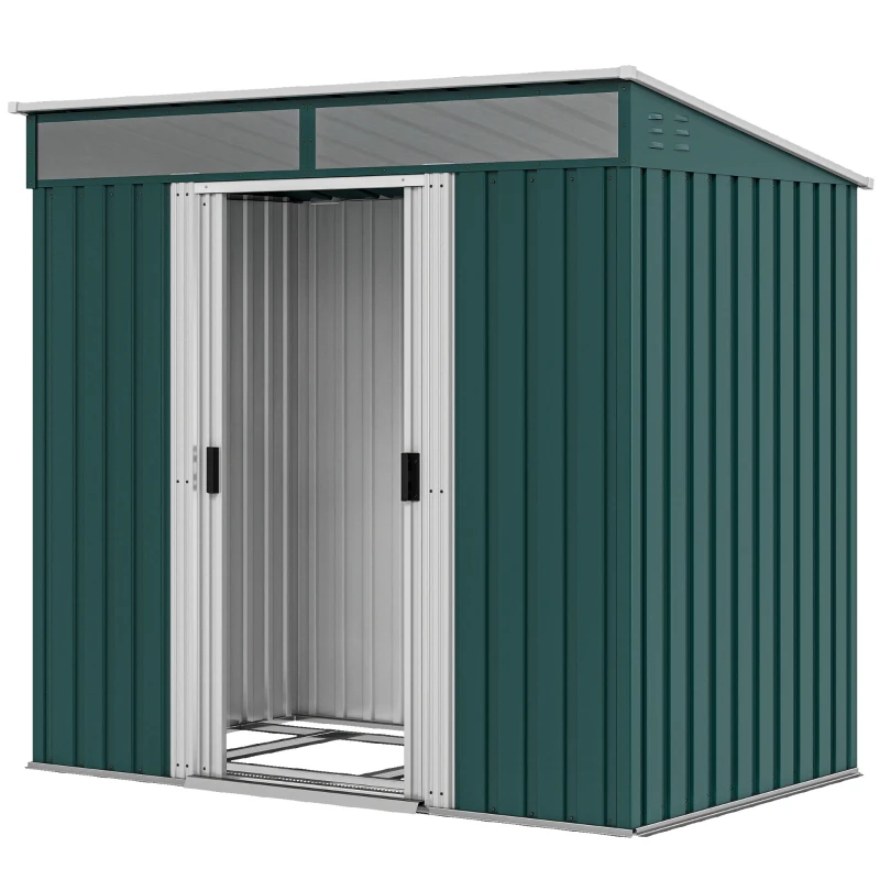 Outsunny 6.5 x 4FT Galvanised Metal Shed with Foundation Kit, Lockable Tool Garden Shed with Double Sliding Doors, Vents, Green