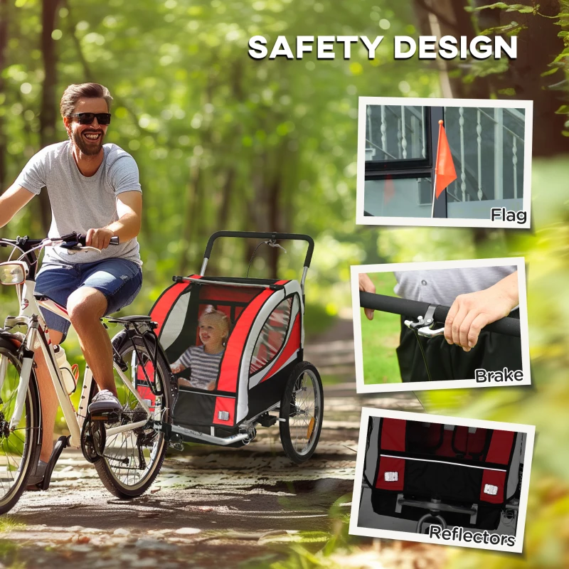 HOMCOM Baby Bike Trailer, Child Bicycle Trailer with 5 Point Harness, Steel Frame, Reflectors, Safety Flag, Hitch Coupler, Red