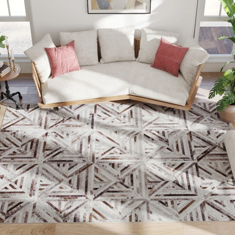 HOMCOM Modern Area Rug, Triangle Pattern Non-Slip Washable Rug, Chenille Floor Carpet for Living Room, Bedroom, Dining Room, Home Office, 290 x 200 cm, Brown