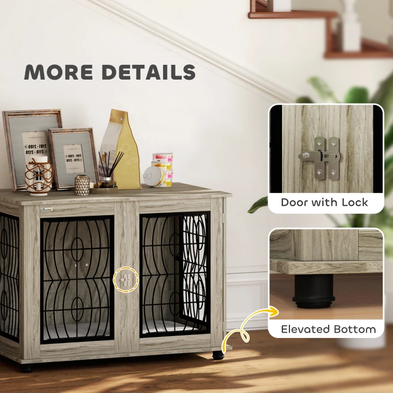 PawHut Indoor Dog Crate Furniture End Table with Soft Washable Cushion, Lockable Front Door, for Large Dogs - Grey
