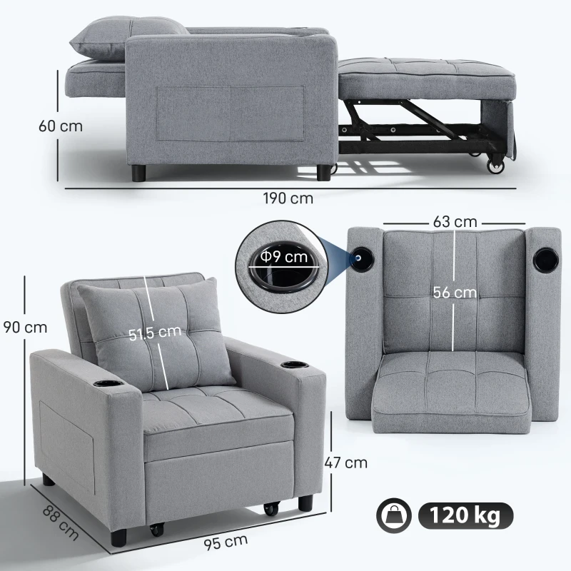 HOMCOM 3-in-1 Single Sofa Bed, Convertible Sleeper Chair Bed - Light Grey