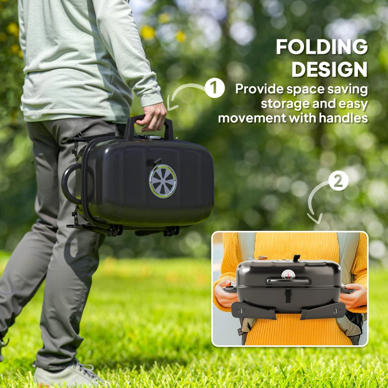 Outsunny Charcoal Barbecue Grill Folding Portable BBQ Grill for Camping with 1232 cm² Cooking Area, Adjustable Vent, Thermometer, Handles for Picnic, 59 x 37 x 36 cm, Black