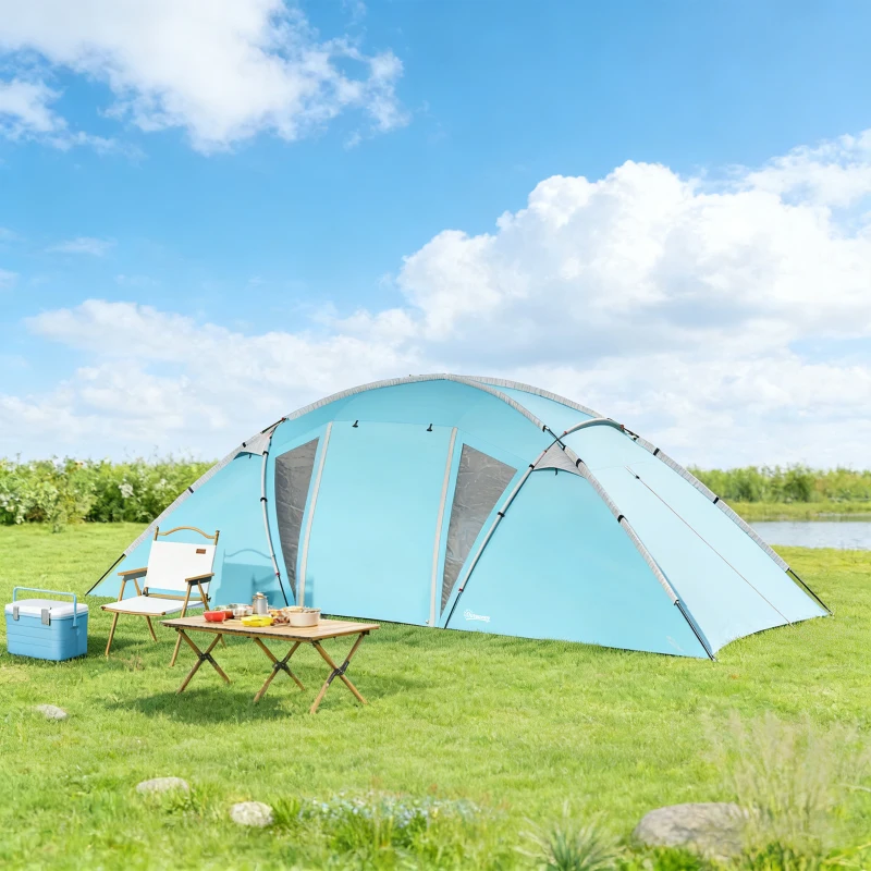 Outsunny 4-6 Man Family Camping Tent w/ 2 Bedrooms and a Living Room, Waterproof Tunnel Tent w/ Sewn In Groundsheet, Doors, Windows, Carry Bag, Blue