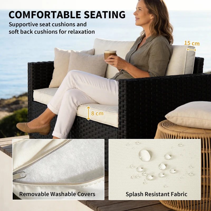 Outsunny 2 Seater Rattan Sofa, Outdoor Garden Sofa with Deep Seat, Cushions, Wide Armrests for Patio, Balcony, Porch, Black