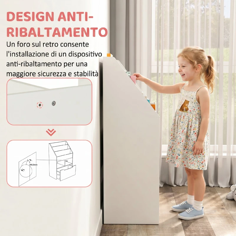 HOMCOM Piccola Libreria per Bambini con Ripiani e Cassetto in MDF, 60x29.9x90cm, Bianco