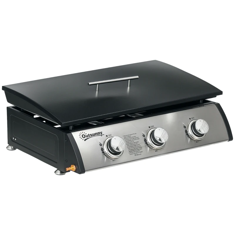 Outsunny 3 Burner Gas Plancha BBQ Grill with Lid, Black