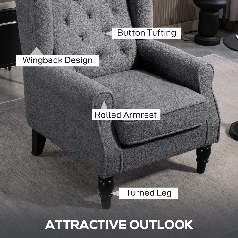 HOMCOM Teddy Fleece Retro Wingback Chair - Grey