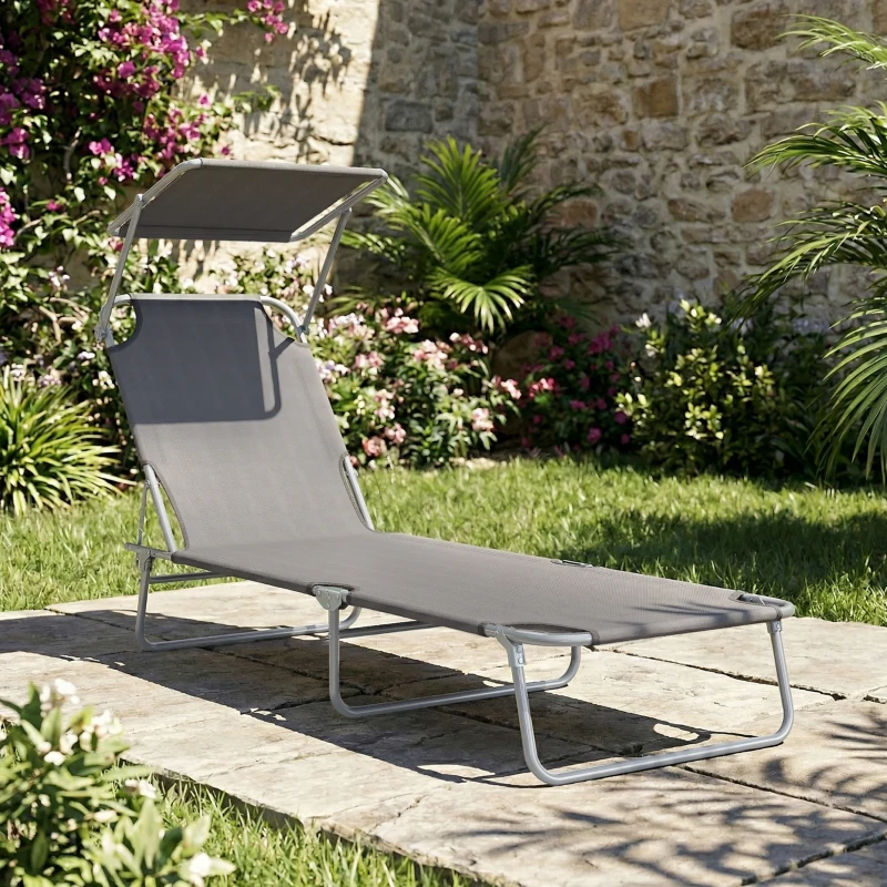 Outsunny Lettino Prendisole da Giardino, Sdraio Pieghevole e Regolabile con Tettuccio in Tessuto Grigio, 187x58x36cm