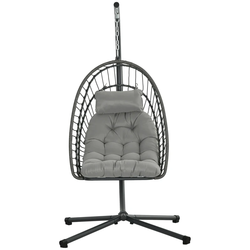 Outsunny Outdoor PE Rattan Swing Chair with Foldable Basket and Cushion, Garden Patio Hanging Egg Chair with Metal Stand, Headrest for Indoor and Outdoor, Light Grey