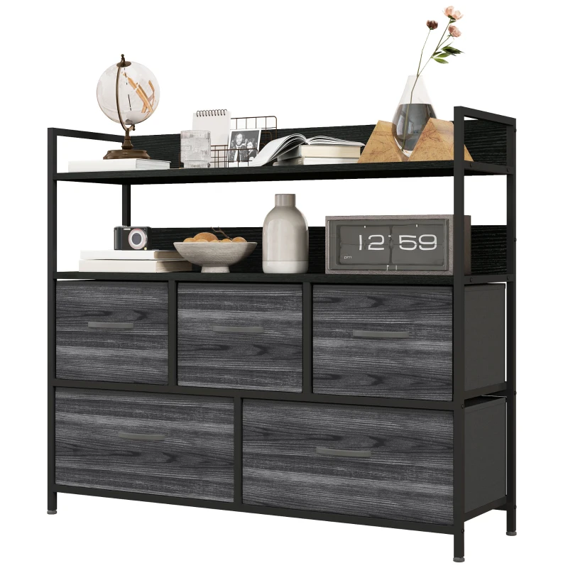 HOMCOM Rustic Chest of Five Fabric Drawers - Black