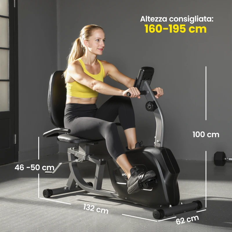 SPORTNOW Cyclette da Casa Recumbent con 8 Livelli di Resistenza Magnetica, Misurazione Pulsazioni, Sellino Regolabile