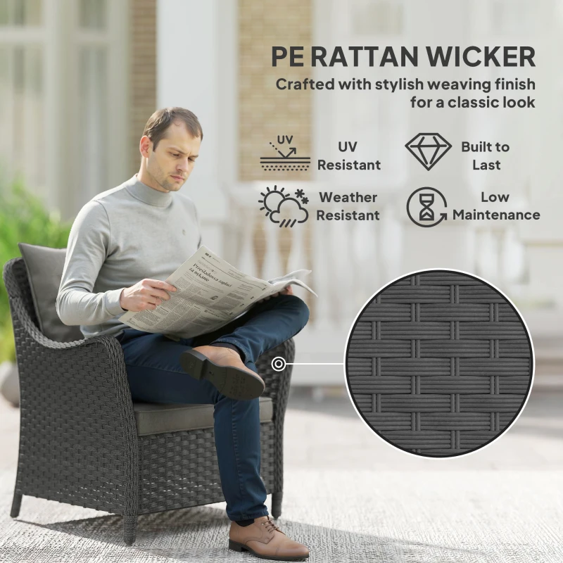 Outsunny Rattan Garden Chairs Set of 2, Outdoor Rattan Chairs with Cushions, Armrests and High Back, PE Wicker Garden Armchair with Steel Frame for Balcony, Porch, Dark Grey