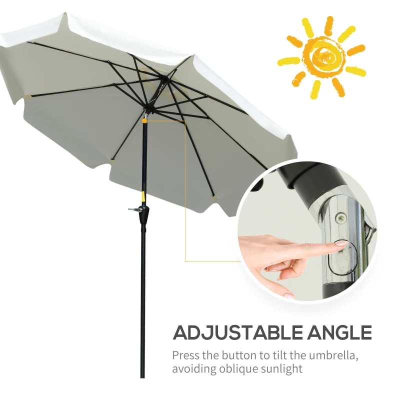 Outsunny 2.7m Patio Parasol Garden Umbrellas with Aluminium Pole, UPF 50+ Outdoor Sun Shade Table Umbrella with Tilt, Crank, 8 Ribs, Ruffles, White