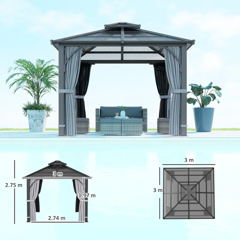 Outsunny 3 x 3(m) Hardtop Gazebo Canopy with 7mm Polycarbonate Double-Tier Roof, Garden Gazebo Permanent Pavilion with Mosquito Netting and Curtains for Patio, Terrace, Dark Grey