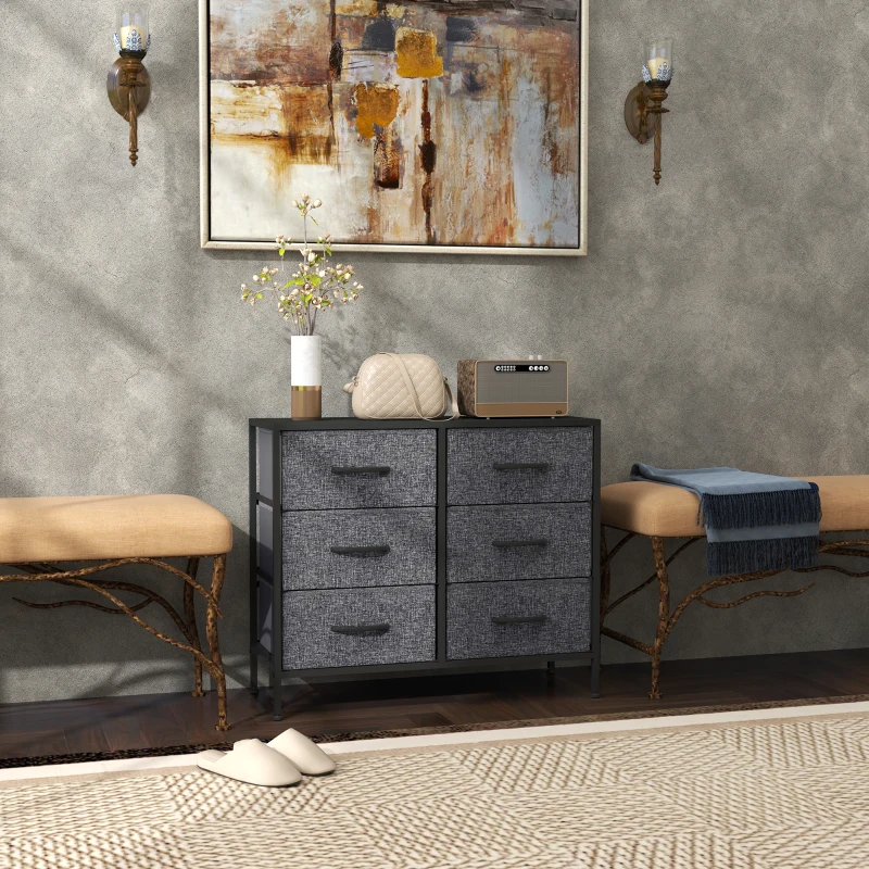 HOMCOM Fabric Chest of Drawers, Industrial Bedroom Dresser with 6 Fabric Drawers, Steel Frame and Wooden Top for Nursery, Living Room, Hallway, Black