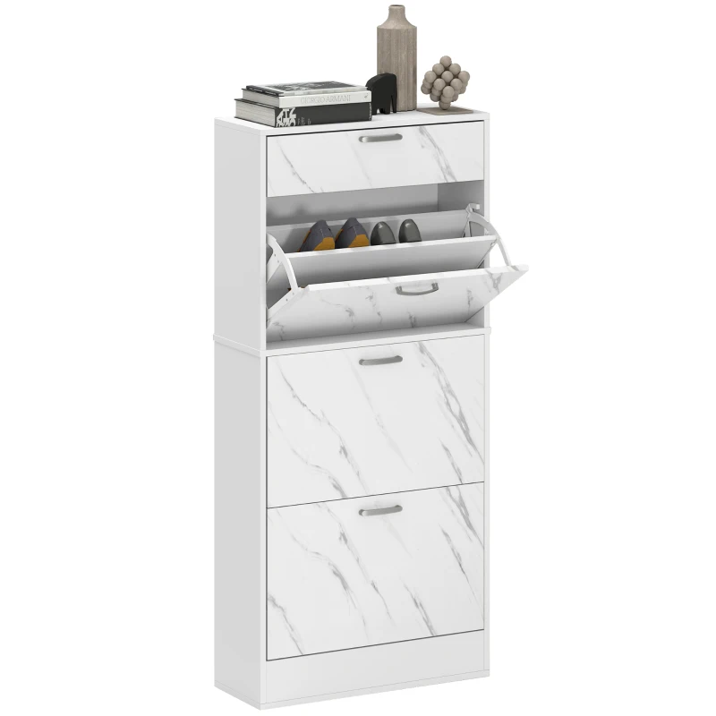 HOMCOM Marble Shoe Storage Cabinet with 3 Flip Drawers, Hallway Cabinet with Top Drawer and Adjustable Shelves, Shoe Cupboard for 18 Pairs, White