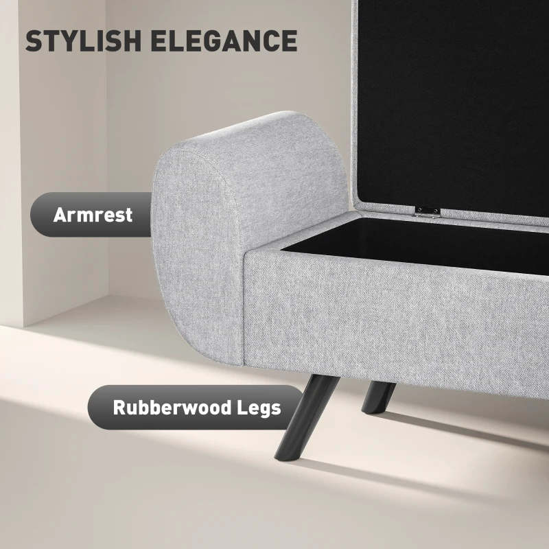 HOMCOM Storage Ottoman with Armrest, Upholstered Linen Storage Bench, Window Seat with Rubberwood Legs, Footstool for Bedroom Living Room, Hallway, Light Grey