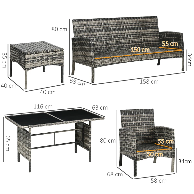Outsunny 7 Seater Rattan Garden Furniture Set, 6 Piece Patio Dining Set, Armchairs, 3-Seater Sofa, Footstools, Glass Dining Table, Cushions, Wicker Outdoor Furniture for Conservatory Patio Mixed Grey