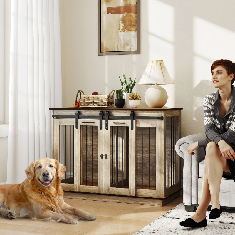 PawHut Dog Crate Furniture for Large Dogs, Double Dog Cage for Small Dogs w/ Sliding Doors, Oak Tone