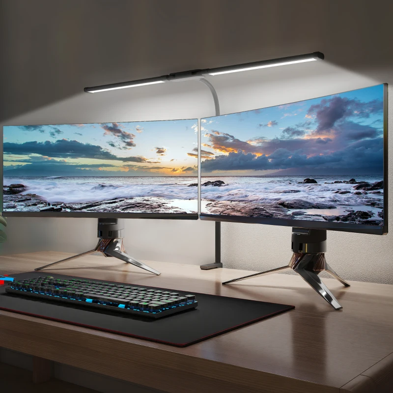 HOMCOM LED Desk Lamp with Clamp, Double Head Table Lamp with 3 Colour Modes & 10 Brightness Levels, Flexible Gooseneck Reading Desk Light with Timer and Memory Function for Study, Office, Work, Black
