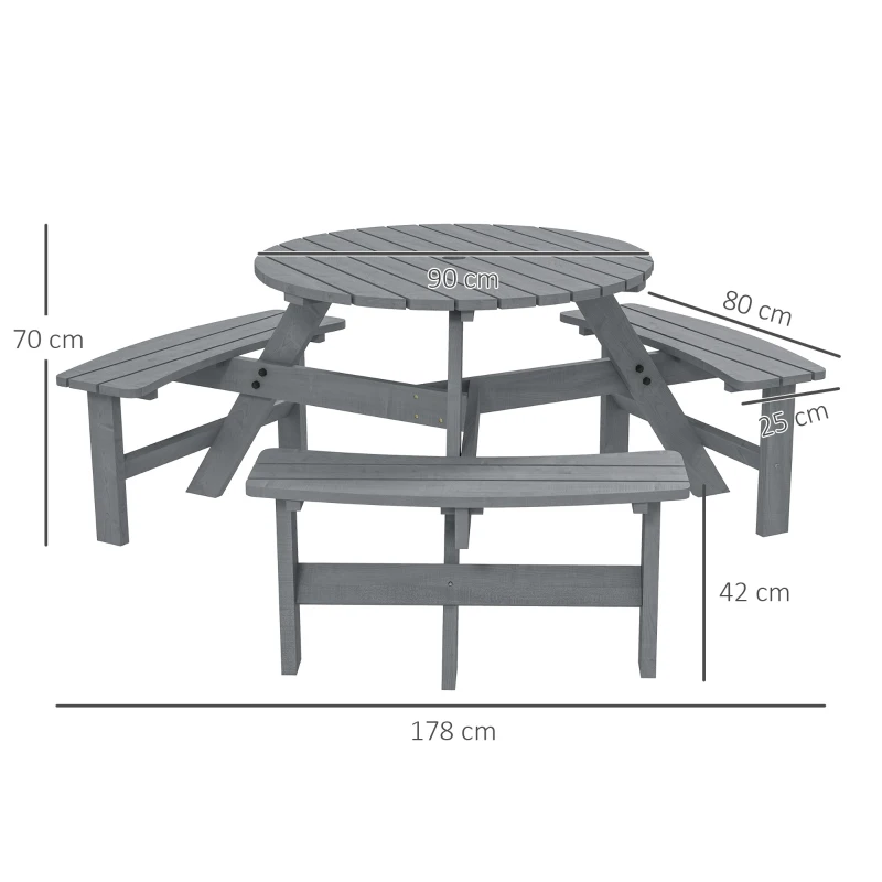 Outsunny Wooden Garden Dining Set, 6 Seater Round Dining Picnic Table with Matching Bench, Garden Furniture Set with Parasol Hole for Outdoor Patio Party and Family Gatherings, Grey