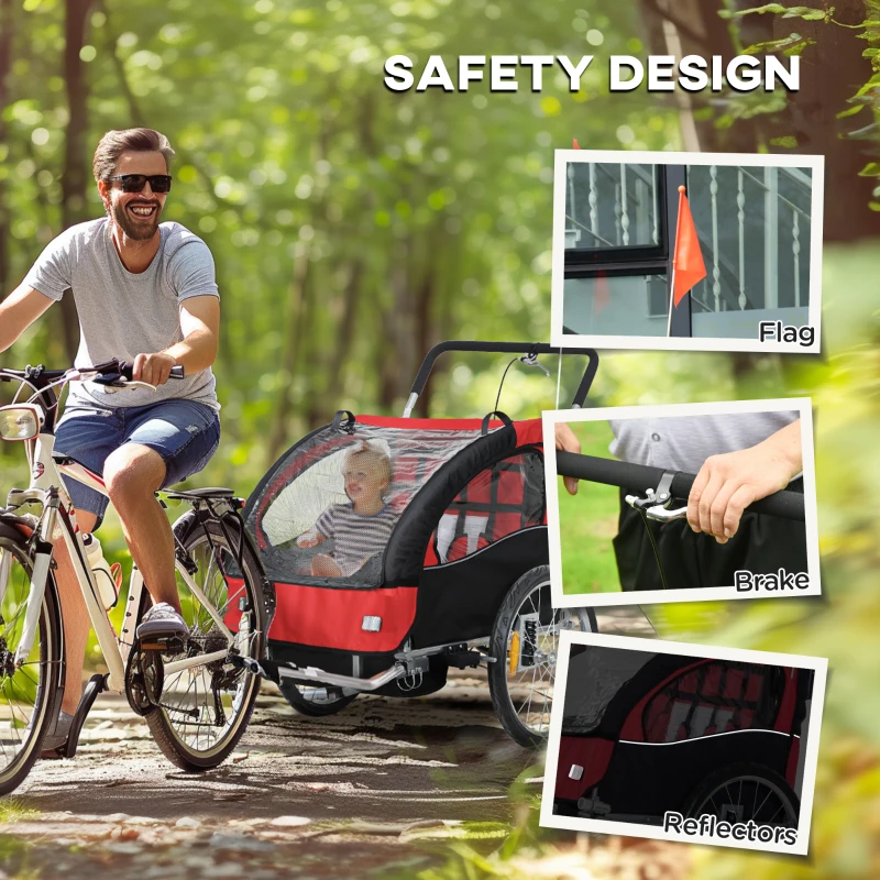 HOMCOM 2 Seat Bike Trailer with 5 Point Harness, Baby Bike Stroller with Safety Flag, Reflectors, for 18+ Months, Red