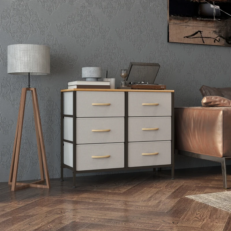 HOMCOM Fabric Chest of Drawers, Industrial Bedroom Dresser with 6 Fabric Drawers, Steel Frame and Wooden Top for Nursery, Living Room, Hallway, Cream White