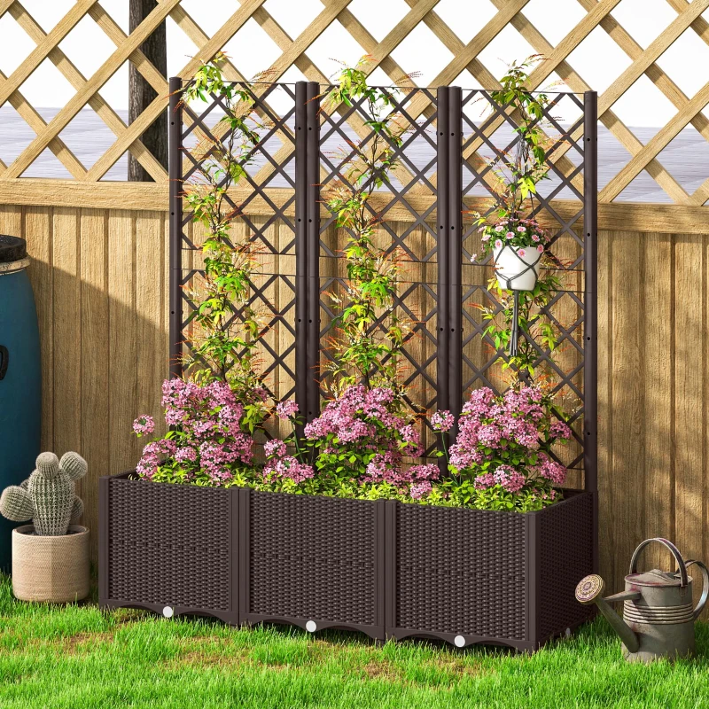 Outsunny Raised Garden Bed with Trellis, Plastic Planter Box with Drainage Holes, Drain Plugs and Water Reservoirs for Climbing Plants, Vegetables, Flowers, Brown