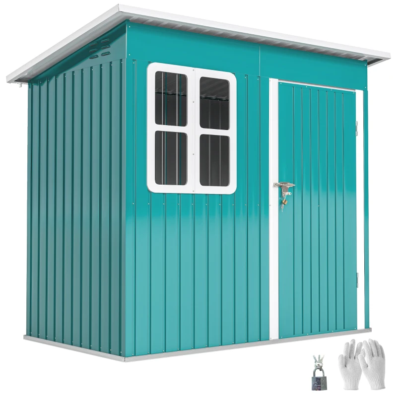Outsunny 7 x 4ft Galvanised Steel Garden Shed, with Lock and Gloves - Green