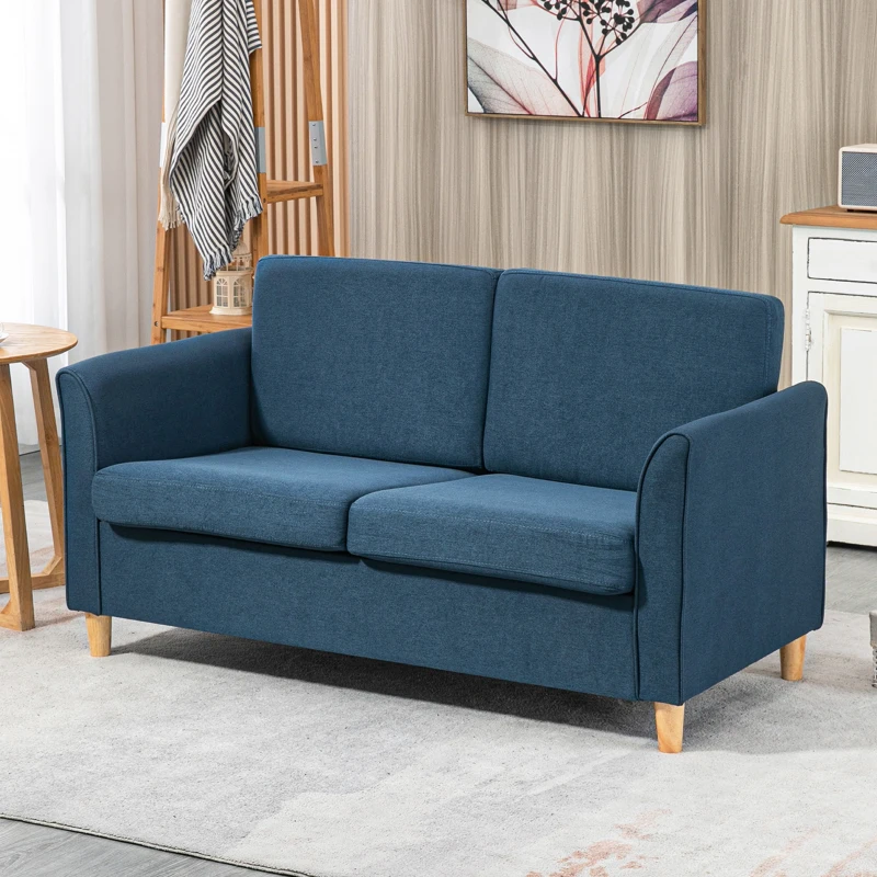HOMCOM Compact Loveseat Sofa, Modern 2 Seater Sofa for Living Room with Wood Legs and Armrests, Blue