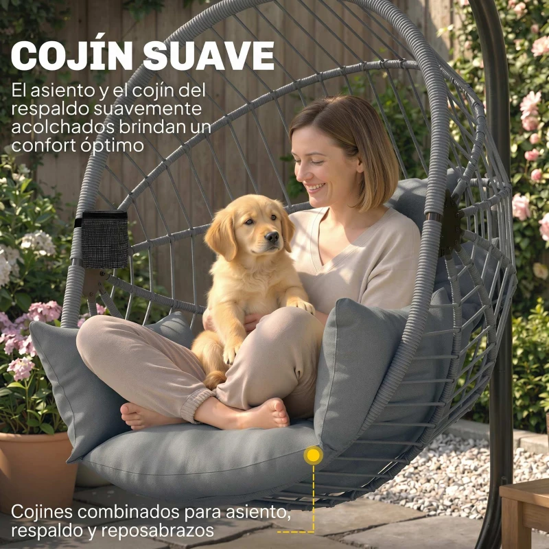 Outsunny Cadeira Suspensa com Suporte Cadeira Baloiço de Exterior com Cesta Dobrável Almofada e Apoio para a Cabeça 120x106x188 cm  Cinza