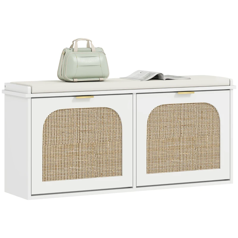 HOMCOM Boho Shoe Bench with Padded Seat and 2 Flip-Drawers - White