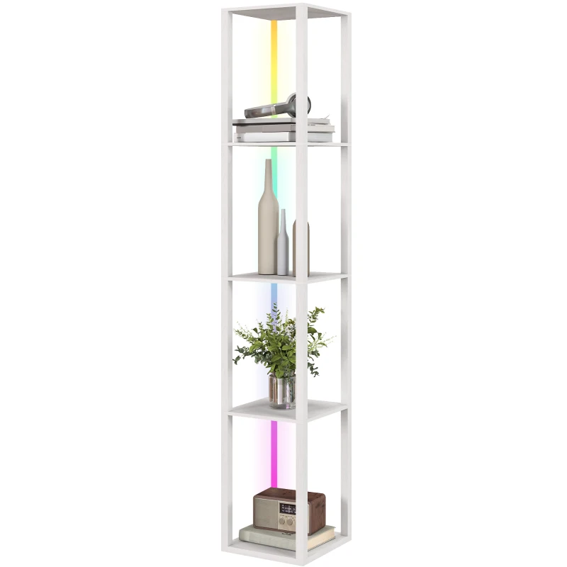 HOMCOM RGB LED Floor Lamp with Shelves, Modern Dimmable Standing Lamp with Remote Control, Adjustable Brightness & Speed for Living Room, Bedroom, Office, White