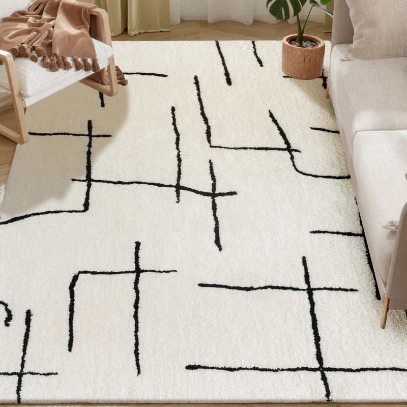 HOMCOM Modern Fluffy Area Rug, Geometric Pattern Washable Rug, Soft High Pile Floor Carpet for Living Room, Bedroom, Dining Room, Home Office, 170 x 120 cm, Cream