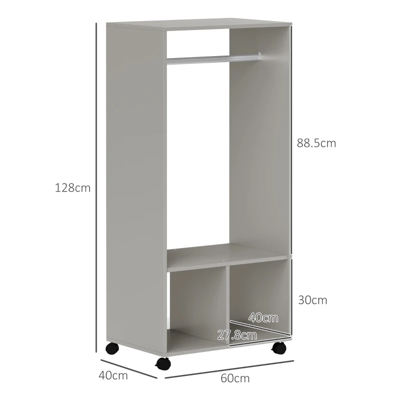 HOMCOM Open Wardrobe on Wheels, Bedroom Wardrobe with Clothes Hanging Rail, 2 Storage Shelves, Mobile Garment Rack for Cloakroom, Hallway, Grey