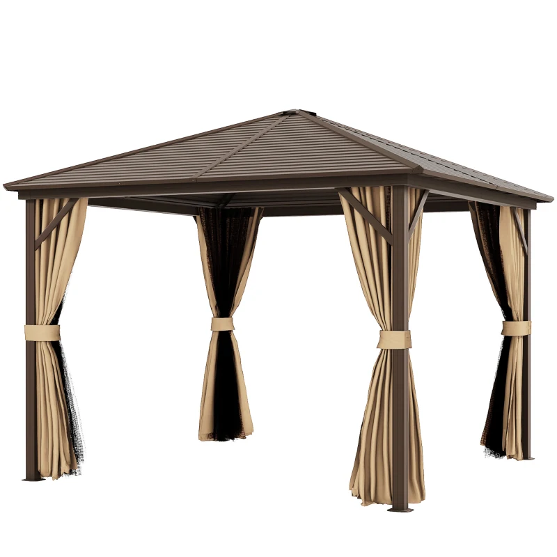 Outsunny 3 x 3(m) Metal Hardtop Gazebo, with Curtains and Accessories - Brown