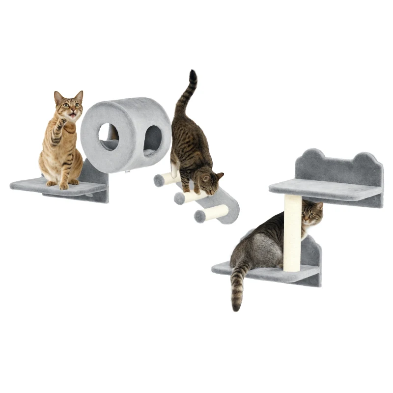 PawHut 4PCs Wall-Mounted Cat Tree, with Steps, Perch, Cat House - Grey