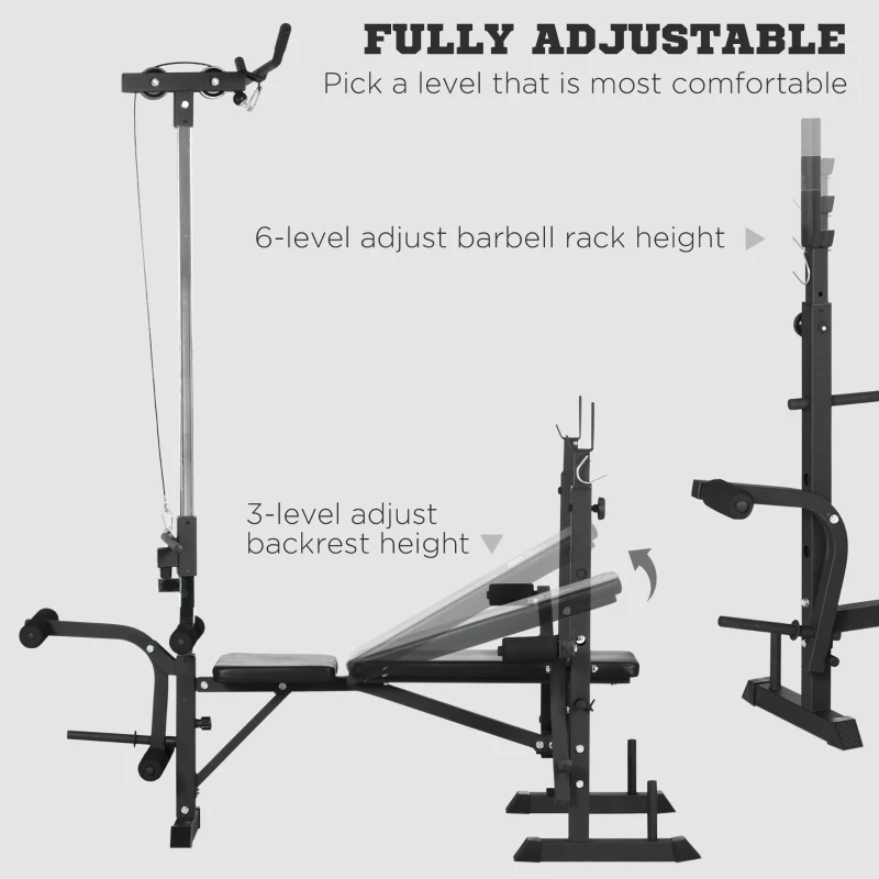 HOMCOM Adjustable Weight Bench with Pulley System, Incline Bench Press Set with Squat Rack, Leg Developer, Butterfly and Weight Storage, for Home Gym Full Body Workout