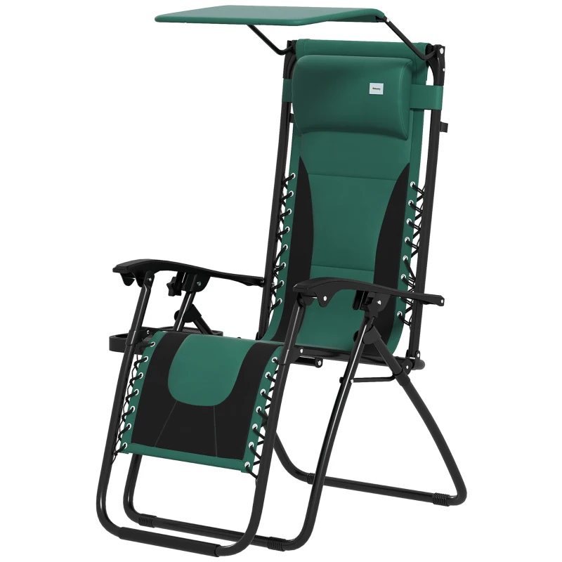Outsunny Zero Gravity Lounger Chair, Folding Reclining Patio Chair with Shade Cover, Padded Seat, Cup Holder, Soft Cushion and Headrest for Poolside, Camping, Green