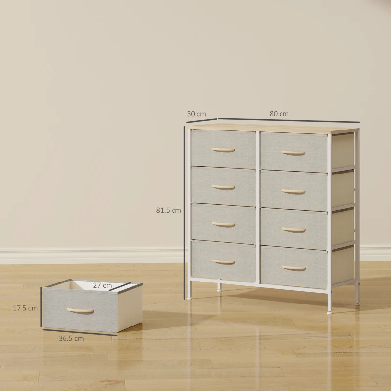 HOMCOM Fabric Chest of Drawers, Industrial Bedroom Dresser with 8 Fabric Drawers, Steel Frame and Wooden Top for Nursery, Living Room, Hallway, Maple Wood-effect