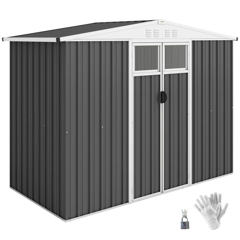 Outsunny 8 x 4 ft Metal Garden Shed, Garden Storage Shed with Window, 4 Vents and Lockable Door, Waterproof Galvanised Steel Tool Storage Cabinet, Dark Grey