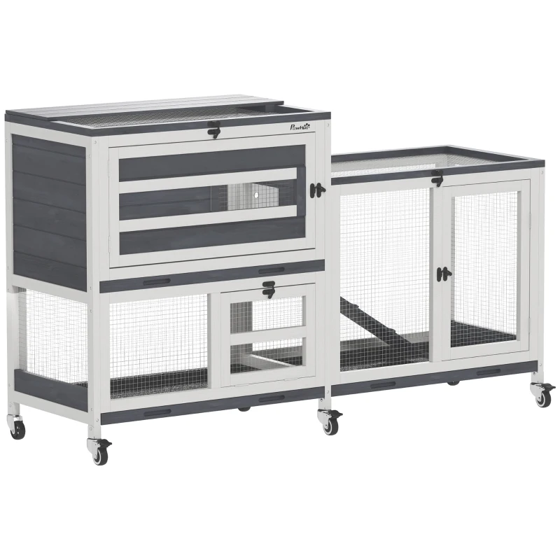 PawHut Wooden Rabbit Hutch w/ Run, 2-Tier Guinea Pig Hutch with Run, Wheels, 3 Plastic Trays, 2 Openable Tops, for 2-3 Rabbits