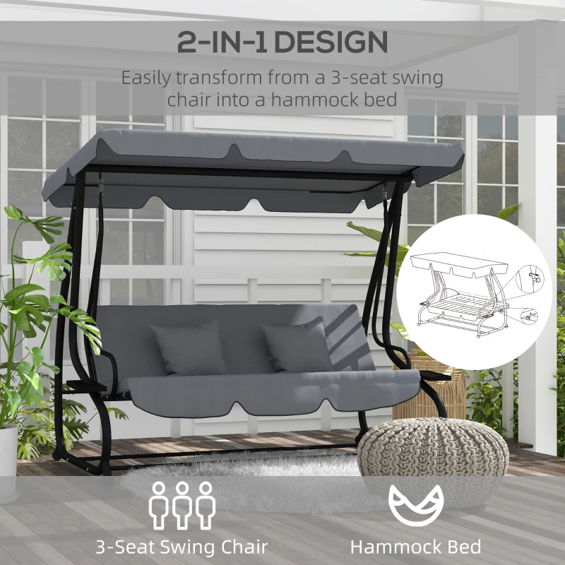 Outsunny Three-Person garden Swing Chair, with Adjustable Canopy - Dark Grey