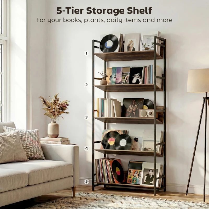 HOMCOM Bookshelf 5-Tier Metal Frame Bookcase Storage Shelves for Living Room Rustic Brown
