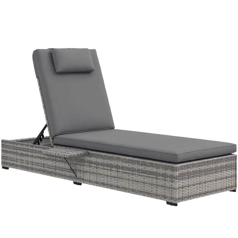 Outsunny Rattan Sun Lounger, 5-Level Reclining PE Wicker Outdoor Patio Lounger with Tea Tray and Cushion, Reclining Garden Chair for Patio, Terrace, 120kg Weight Capacity, Grey